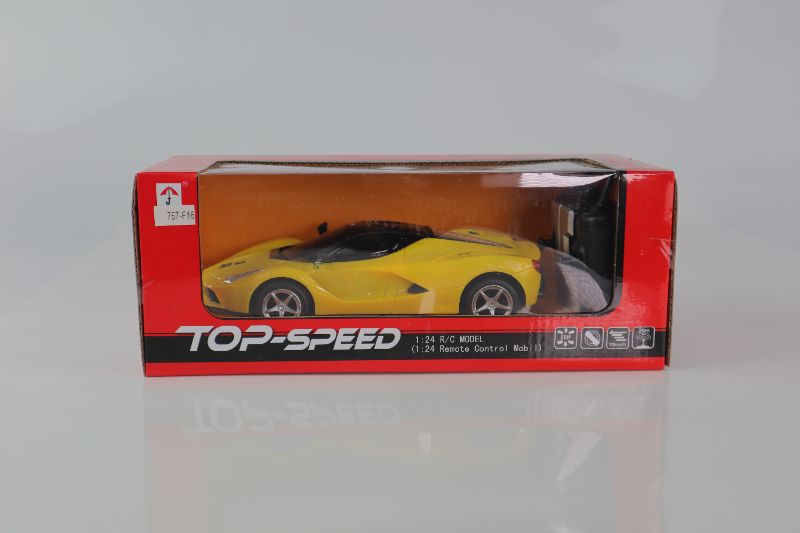 Photo 1 of TOP SPEED RC TOY CAR FAUX FERRARI VEHICLE BUTTERFLY DOORS OPEN REMOTE OPERATED SPEED 10KM//H COLOR YELLOW 5 AA BATTERIES NOT INCLUDED NEW