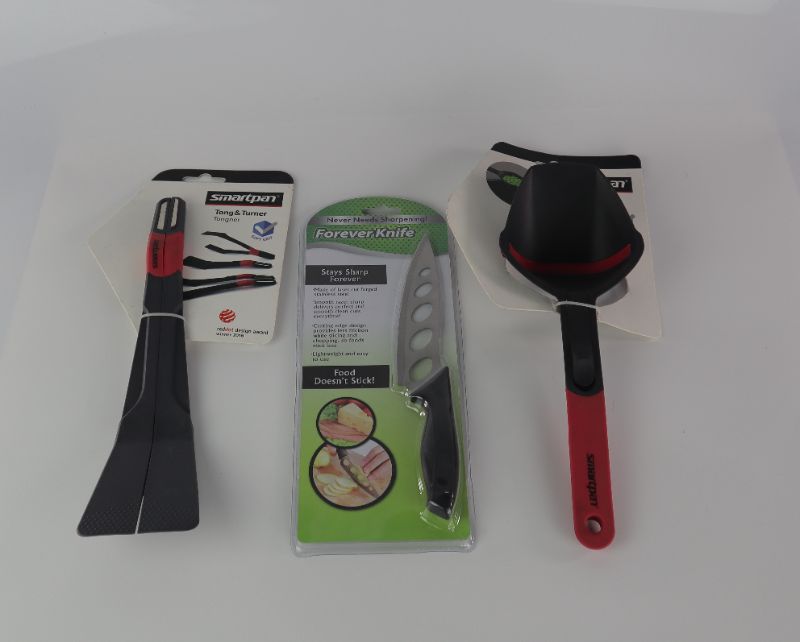 Photo 1 of 3 PACK KITCHEN UTENSILS 1 KNIFE 1 SMART PAN TONG AND SPATULA 1 SMART PAN SPOON WITH VENT FOR LIQUID TO FLOW OUT NEW $45.99