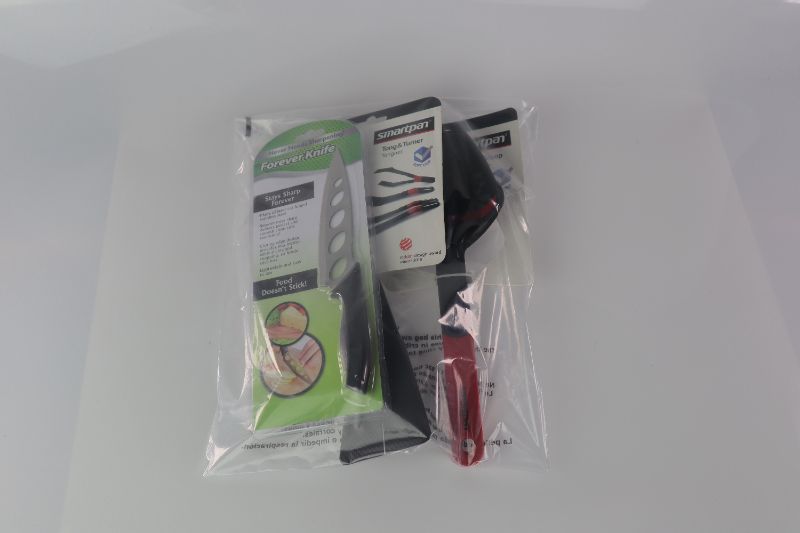 Photo 2 of 3 PACK KITCHEN UTENSILS 1 KNIFE 1 SMART PAN TONG AND SPATULA 1 SMART PAN SPOON WITH VENT FOR LIQUID TO FLOW OUT NEW $45.99