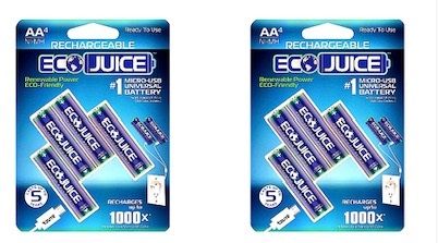 Photo 1 of 2 PACKS OF 4 ECO JUICE AAA RECHARGEABLE BATTERIES MICRO USB NIMH UNIVERSAL ECOFRIENDLY 1000X RECHARGEABLE BY ECO JUICE MICRO USB 4 PIECE PRECHARGED NEW IN BOX $22.8
