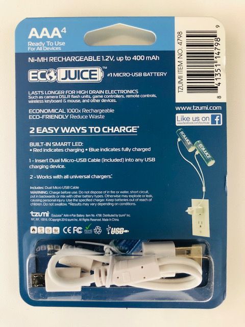 Photo 1 of 2 PACKS OF 4 ECO JUICE AAA RECHARGEABLE BATTERIES MICRO USB NIMH UNIVERSAL ECOFRIENDLY 1000X RECHARGEABLE BY ECO JUICE MICRO USB 4 PIECE PRECHARGED NEW IN BOX $22.8
