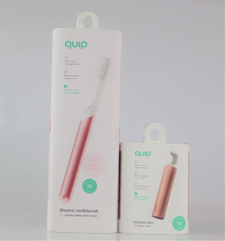 Photo 1 of PINK QUIP TOOTHBRUSH 2 MINUTE TIMER 3 MONTH CHARGE AND UNIVERSAL COVER AND QUIP COPPER FLOSS CANISTER LASTS UP TO 3 MONTHS MINT NEW $68.99