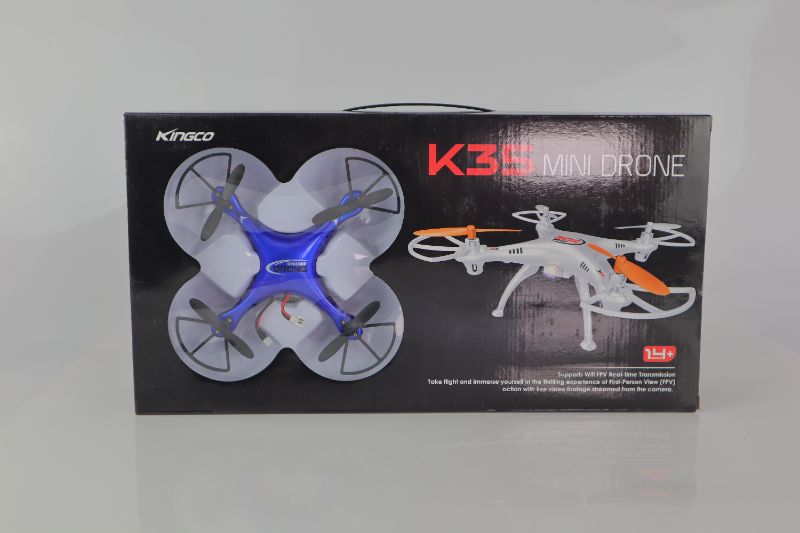 Photo 1 of BLUE KINGCO 6INCH K35 MINI DRONE WITH WIFI CAMERA LED LIGHTS ARE WHITE AND GREEN BATTERY 3.7V RECHARGEABLE NEW $175