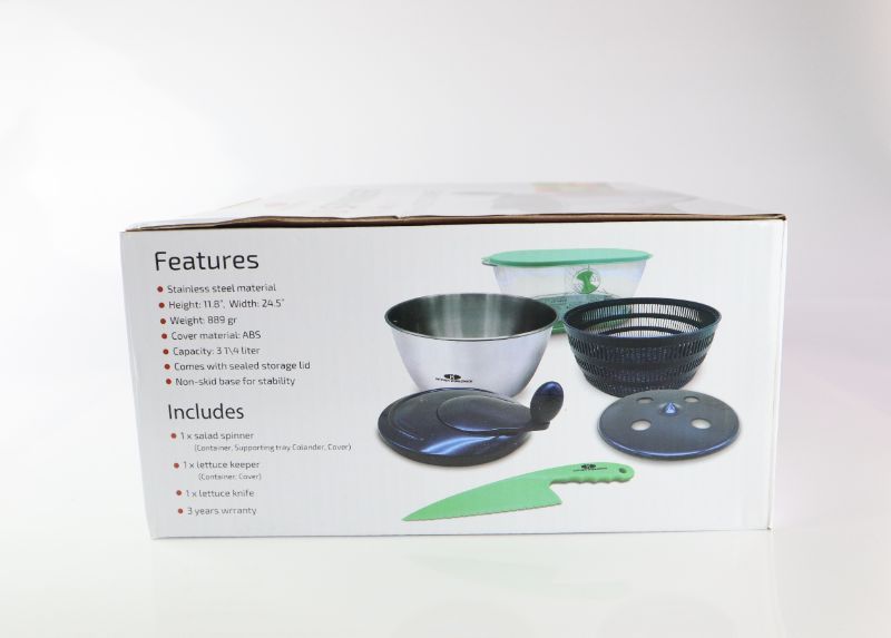 Photo 5 of WORLDWIDE STAINLESS STEEL SALAD SPINNER INCLUDES STAINING BOWL SPIN LID CONTAINER AND SALAD KNIFE NEW IN BOX  
$49.99