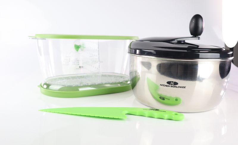 Photo 1 of WORLDWIDE STAINLESS STEEL SALAD SPINNER INCLUDES STAINING BOWL SPIN LID CONTAINER AND SALAD KNIFE NEW IN BOX  
$49.99