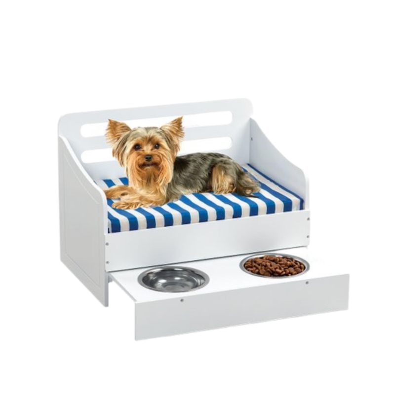 Photo 1 of LUXURY ELEVATED SMALL PET SOFA BED WITH PULLOUT FEEDER COMFY AND EASY TO CLEAN METAL BASINS INCLUDED COLOR WHITE NEW IN BOX 
$65
