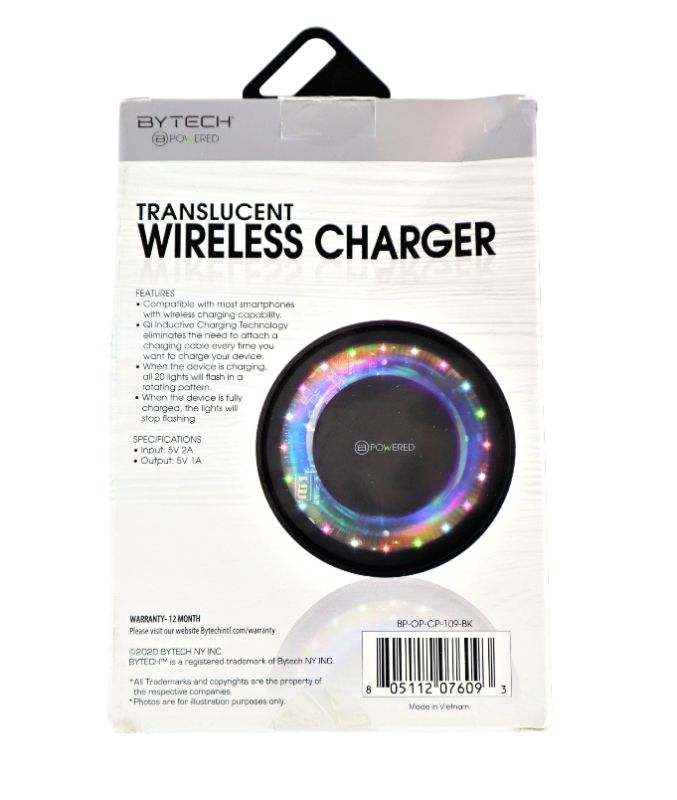 Photo 2 of TRANSLUCENT WIRELESS CHARGER 20 ROATATIG MULTI COLOR LIGHTS 5WAT BY BYTECH NEW $14.99