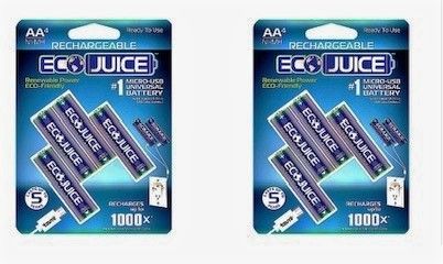 Photo 1 of 2 PACKS OF 4 ECO JUICE AAA RECHARGEABLE BATTERIES MICRO USB NIMH UNIVERSAL ECOFRIENDLY 1000X RECHARGEABLE BY ECO JUICE MICRO USB 4 PIECE PRECHARGED NEW IN BOX $30