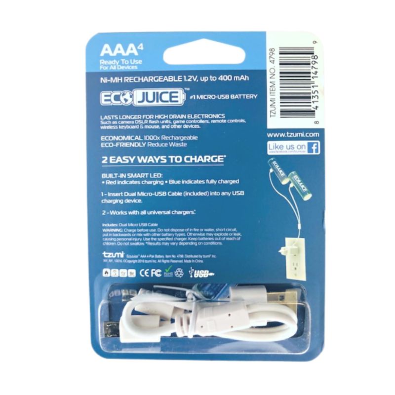 Photo 2 of 2 PACKS OF 4 ECO JUICE AAA RECHARGEABLE BATTERIES MICRO USB NIMH UNIVERSAL ECOFRIENDLY 1000X RECHARGEABLE BY ECO JUICE MICRO USB 4 PIECE PRECHARGED NEW IN BOX $30