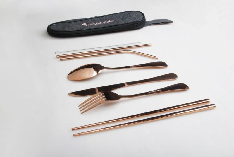 Photo 1 of ECO FRIENDLY STAINLESS STEEL UTENSIL SET 1 SET OF CHOPSTICKS 1 STIR STICK 1 BENT STRAW 1 STRAW CLEANER 1 KNIFE 1 LARGE SPOON 1 FORK AND 1 CARRYING CASE COLOR ROSE GOLD NEW SEALED $29.99
