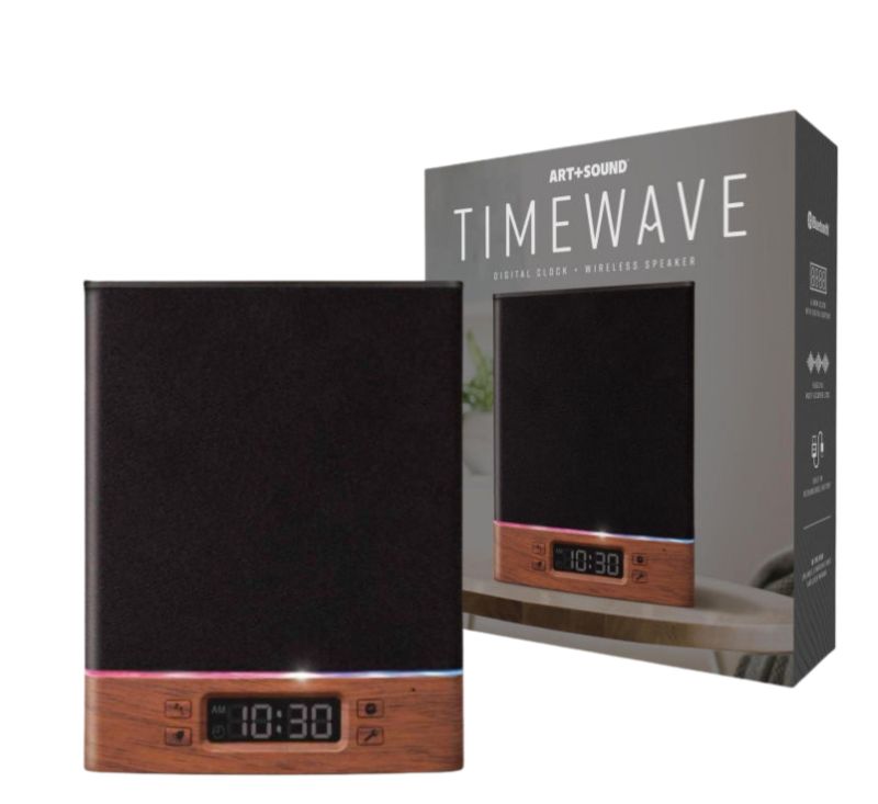 Photo 1 of ART + SOUND TIMEWAVE DIGITAL CLOCK WIRELESS SPEAKER WITH BLUETOOTH ALARM CLOCK REACTIVE MULTICOLORED LED BUILT-IN RECHARGEABLE BATTERY AND CHARGING CABLE NEW IN BOX $75