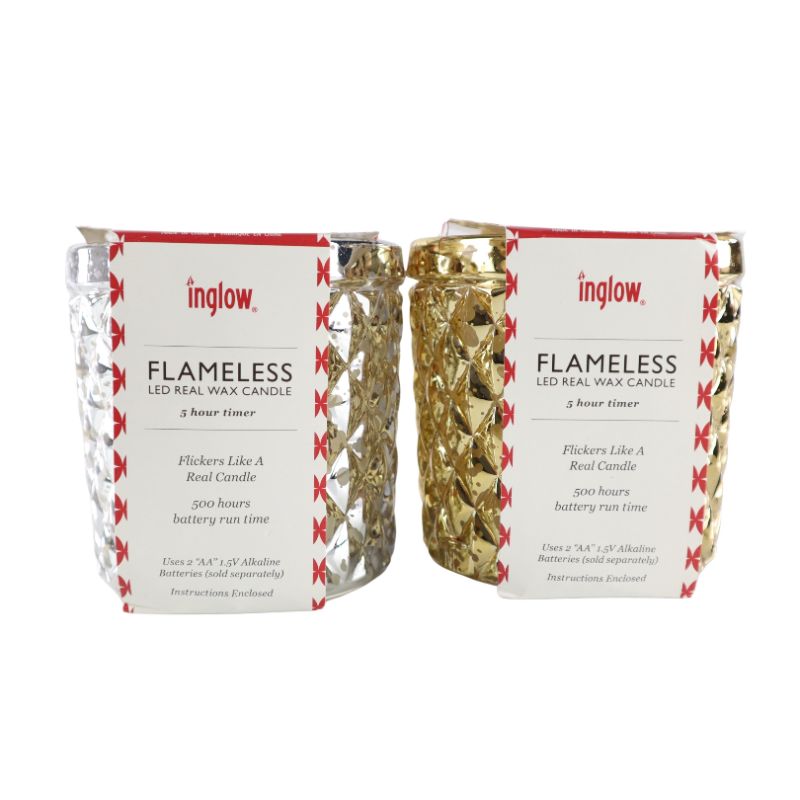 Photo 2 of 2 PACK INGLOW FLAMELESS LED REAL WAX CANDLES 5 HOUR TIMER BATTERY RAN 2 AA NOT INCLUDED GOLD AND SILVER NEW IN PACKAGE $39.99
