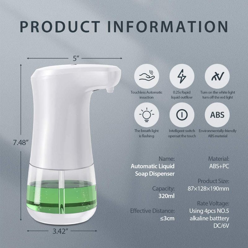 Photo 2 of AUTOMATIC LIQUID SOAP DISPENSER CONTACT FREE ADJUSTABLE DISPENSE 10.82OZ  320ML REQUIRES 4AA BATTERIES NOT INCLUDED NEW $19.99