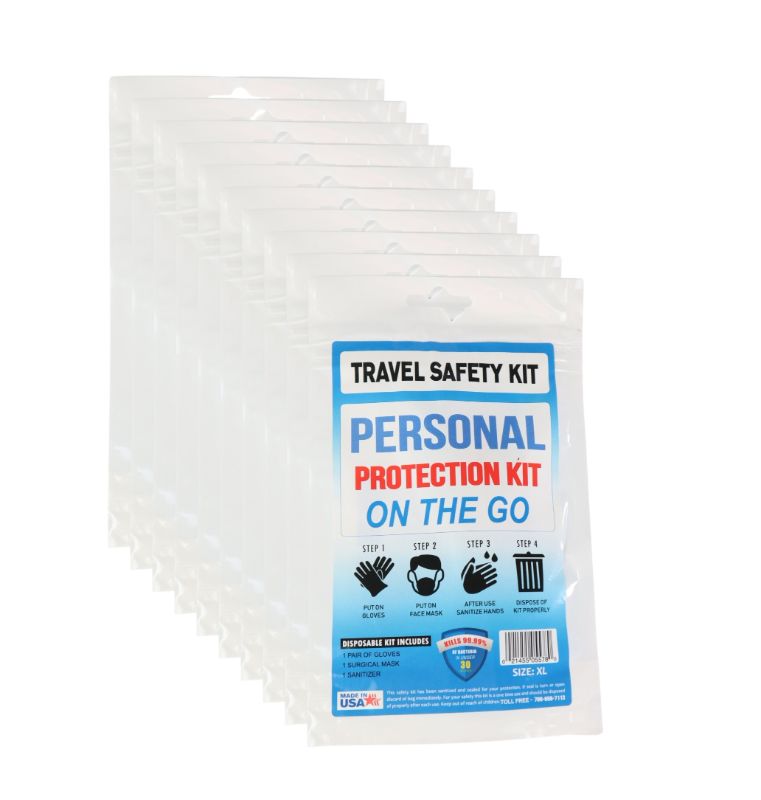 Photo 1 of 10 PACKS OF TRAVEL SAFETY KITS EACH BAG CONTAINS 1 PAIR OF GLOVES 1 MASK AND 1 SANITIZER SIZE VARYS IN EVERY PACK NEW IN PACKAGE $17.99