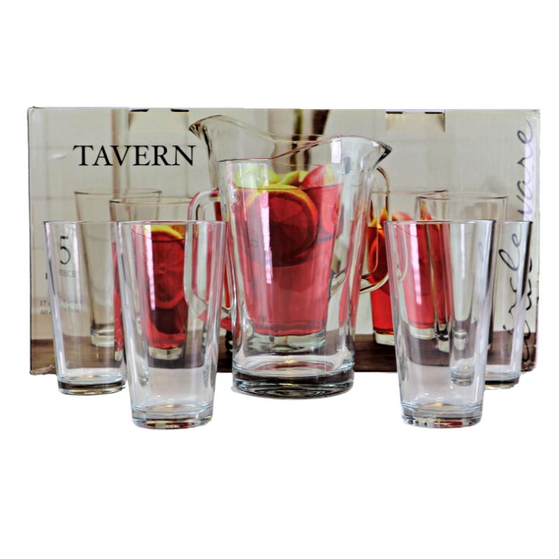 Photo 1 of 5 PIECE GLASS TAVERN SET 4 CUPS AND 1 PITCHER BOX HAS MINOR DAMAGE GLASS IS PERFECT SEALED NEW $59.96