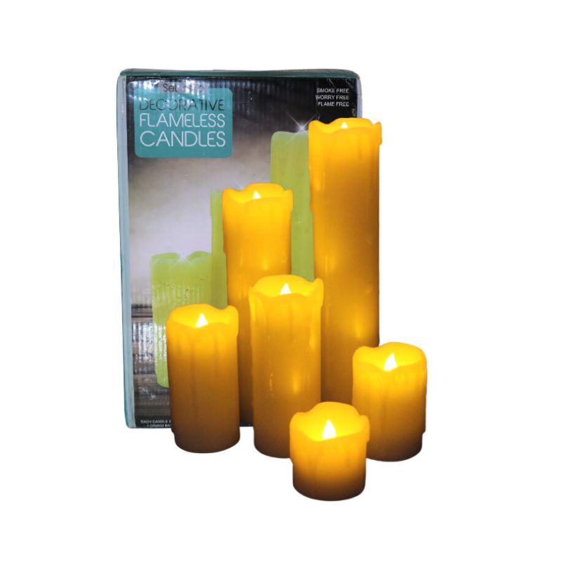 Photo 1 of 6 PIECE FLAMELESS CANDLES LED LIGHTS EACH CANDEL INCLUDES 1 CR2032 BATTERY BOX HAS MINOR DAMAGE NEW $49.99
