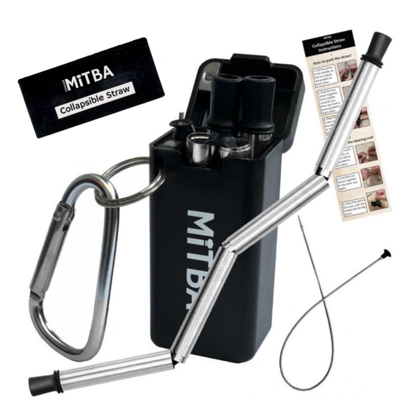 Photo 1 of MITBA COLLAPSIBLE STRAW PACK OF 5 REUSABLE STAINLESS STEEL SILICONE DRINKING STRAW ECO FRIENDLY FOLDABLE AND PORTABLE INCLUDES STRAW BLACK ABS CASE CLEANING ROD KEYCHAIN RING AND CARABINER NEW IN BOX $29.99