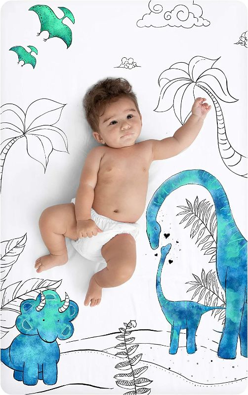Photo 1 of JumpOff Jo - Fitted Mini Crib Sheet for Portable Crib, Playard, and Playpen Mattresses and Mats, Super Soft 100% Cotton, 24 in. x 38 in. - Dinosaur