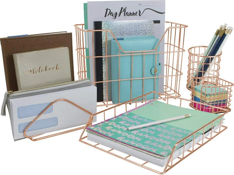 Photo 1 of Sorbus Desk Organizer Set, Rose Gold 5-Piece Desk Accessories Set Includes Pencil Cup Holder, Letter Sorter, Letter Tray, Hanging File Organizer, and Sticky Note holder for Home or Office (Copper)