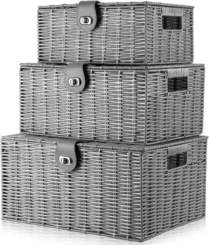 Photo 1 of Homepeaz Set of 3 Woven Storage Basket Bin Wicker Hamper Stackable Box with Lid & Lock, Container Tote Cube Organizer for Nursery, Baby Toiletry, Diaper, Toys, Home Closet, Laundry, DVD, Book (Grey)