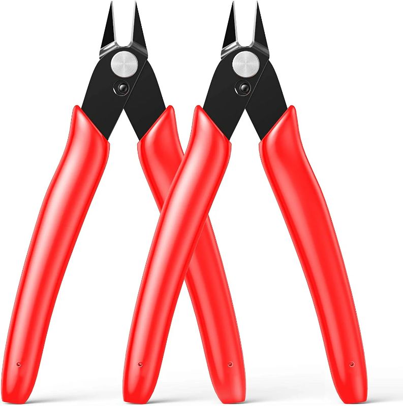Photo 1 of BOENFU Wire Cutters Zip Tie Cutters Micro Flush Cutter 2 Pack 5 Inch Precision Wire Clippers Hobby Snips Small Side Cutting Pliers for Jewelry Making, Electronics | Red