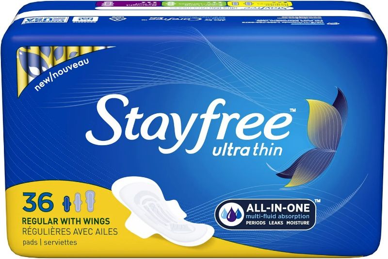 Photo 1 of Stayfree Ultra Thin Regular Pads with Wings For Women, Reliable Protection and Absorbency of Feminine Moisture, Leaks and Periods, 36 count - Pack of 4