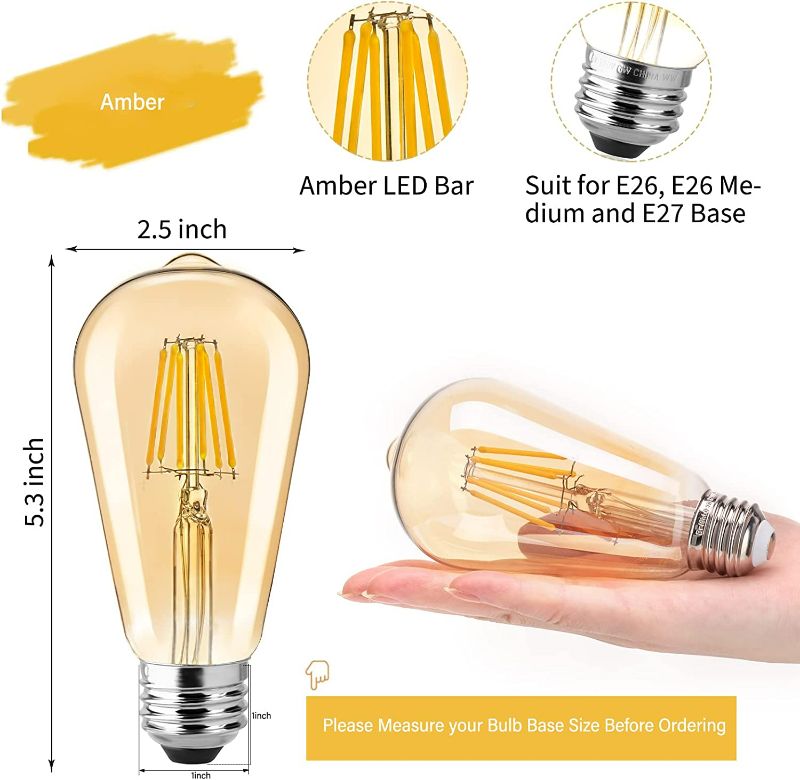 Photo 3 of Brightown Vintage LED Light Bulbs - 6 Packs 6W E26 LED Bulb 60 Watt Equivalent, Dimmable LED Edison Bulb, Antique ST64 Amber Tinted Bulbs, 3500K-4000K Neutral White New