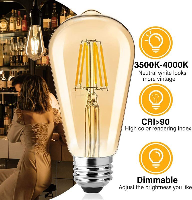 Photo 2 of Brightown Vintage LED Light Bulbs - 6 Packs 6W E26 LED Bulb 60 Watt Equivalent, Dimmable LED Edison Bulb, Antique ST64 Amber Tinted Bulbs, 3500K-4000K Neutral White New