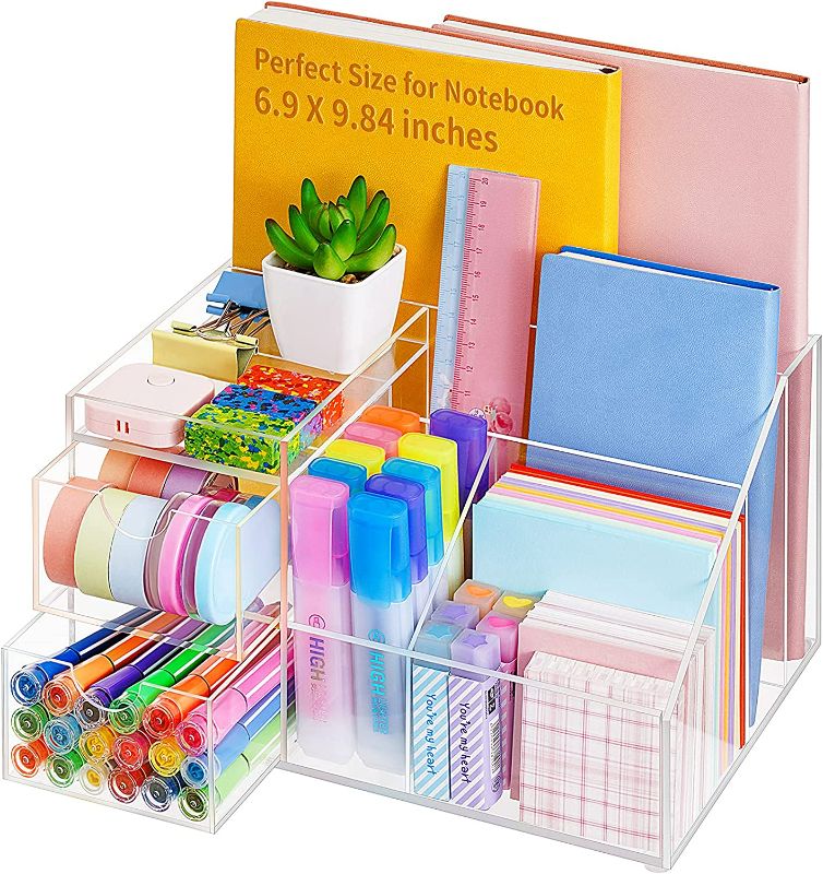 Photo 1 of VITVITI Acrylic Desk Organizer, Clear Pencil Organizer for Desk, Multifunctional Desktop Stationary Pen Organizer, 8 Compartment Storage with Drawer, for Office/A4 Paper/Art Supply New