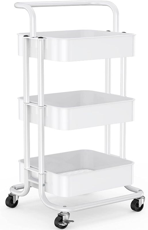 Photo 1 of Pipishell 3 Tier Mesh Utility Cart, Rolling Metal Organization Cart with Handle and Lockable Wheels, Multifunctional Storage Shelves for Kitchen Living Room Office (White) New