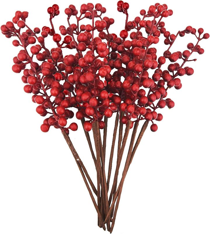 Photo 1 of 12 Pack Artificial Red Berry Stems 8 Inch Branches, Fake Burgundy Berry Picks Holly Berries for Christmas Tree Xmas Valenintes Wreath Decorations Floral Arrangements Home Holiday DIY Crafts Decor New