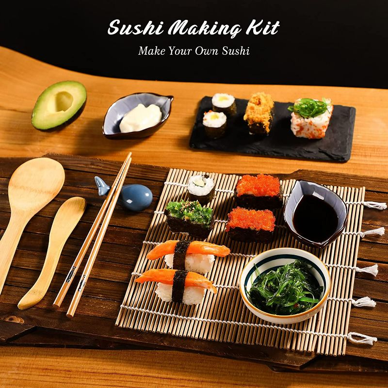 Photo 2 of Delamu Sushi Making Kit, Bamboo Sushi Mat, Including 2 Sushi Rolling Mats, 5 Pairs of Chopsticks, 1 Paddle, 1 Spreader, 1 Beginner Guide PDF, Roll On, Beginner Sushi Kit New