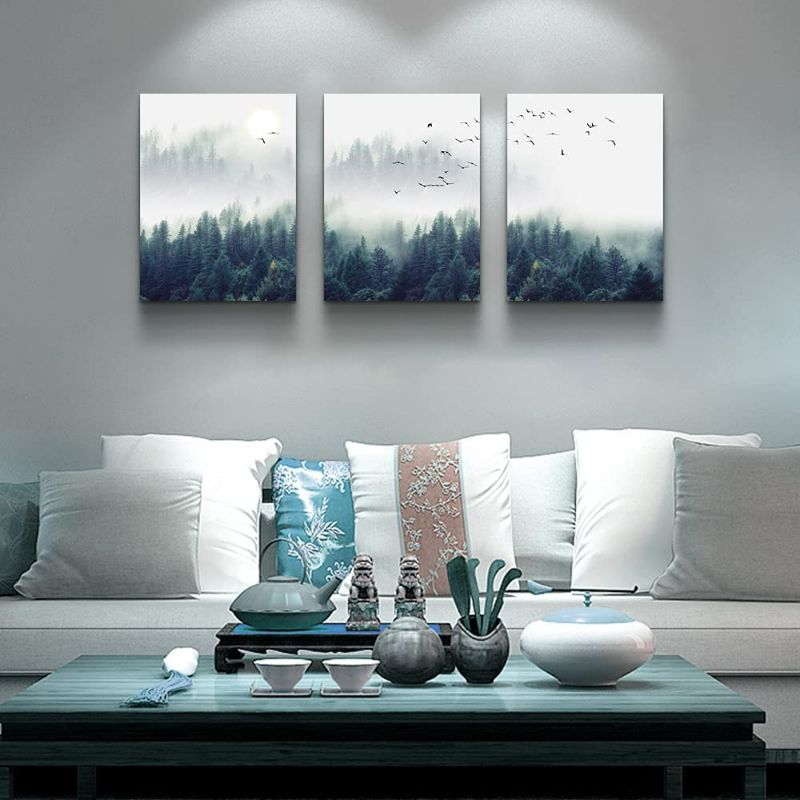 Photo 2 of 3 Piece Canvas Wall Art for Living Room- wall Decorations for Bedroom Foggy forest Trees Landscape painting- Modern Home Decor Stretched and Framed Ready to Hang pictures- 12"x16"x3 Panels wall decor New