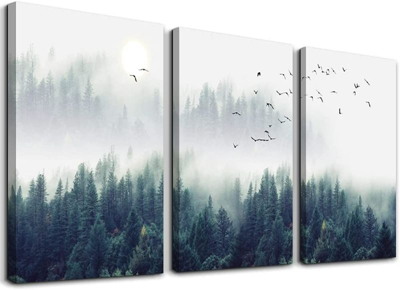 Photo 1 of 3 Piece Canvas Wall Art for Living Room- wall Decorations for Bedroom Foggy forest Trees Landscape painting- Modern Home Decor Stretched and Framed Ready to Hang pictures- 12"x16"x3 Panels wall decor New
