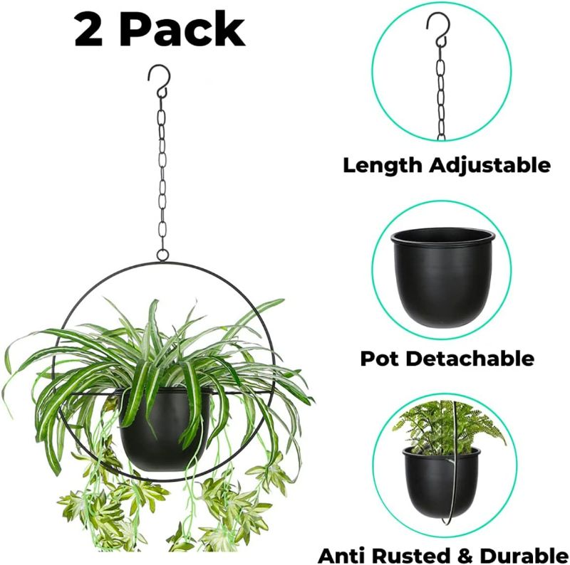 Photo 2 of 2 Pack Shineloha Boho Metal Hanging Planters with 6" Pot (Detachable) + Hook + Chain | Hanging Planters Indoor, Modern Wall & Ceiling Planters, Mid Century Planter for Indoor & Outdoor, NO Plant included New