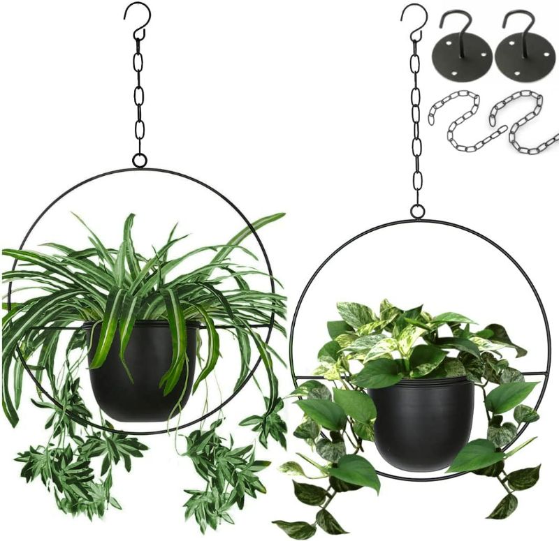 Photo 1 of 2 Pack Shineloha Boho Metal Hanging Planters with 6" Pot (Detachable) + Hook + Chain | Hanging Planters Indoor, Modern Wall & Ceiling Planters, Mid Century Planter for Indoor & Outdoor, NO Plant included New