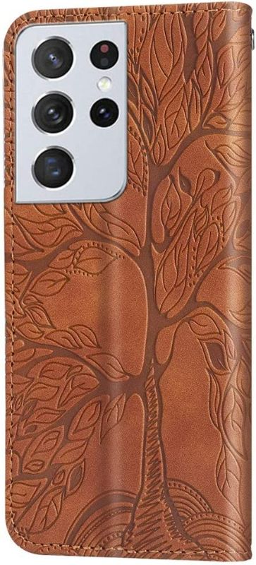 Photo 3 of EMAXELER Compatible with Galaxy S21 Ultra 5G Case Shockproof PU Leather Retro Embossed Wallet Flip Magnetic Case with Stand Card Slot Folio Cover for Samsung S21 Ultra 5G 2021 RXL Life Tree Brown New