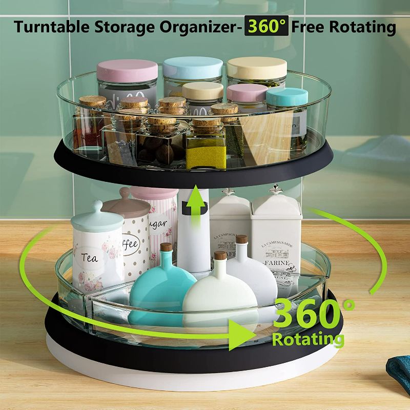 Photo 2 of 2-Tier Lazy Susan Turntable and Height Adjustable Cabinet Organizer with 1x Large Bin and 3 x Divided Bins, Removable, Clear Spice Rack Organizer for Cabinet, Pantry, Kitchen (2 Tier w/Bins)