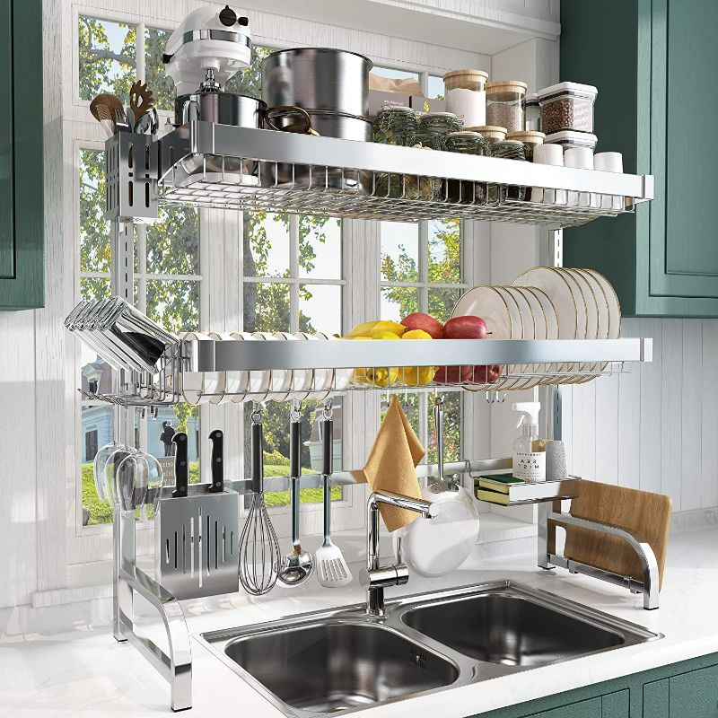 Photo 1 of BOOSINY 3 Tier Over Sink Dish Drying Rack, Adjustable (25.6"-35.5") Large Dish Rack Drainer for Kitchen Storage Counter Organizer, Full 304 Stainless Steel Shelf with Utensil Holder and 10 Hooks