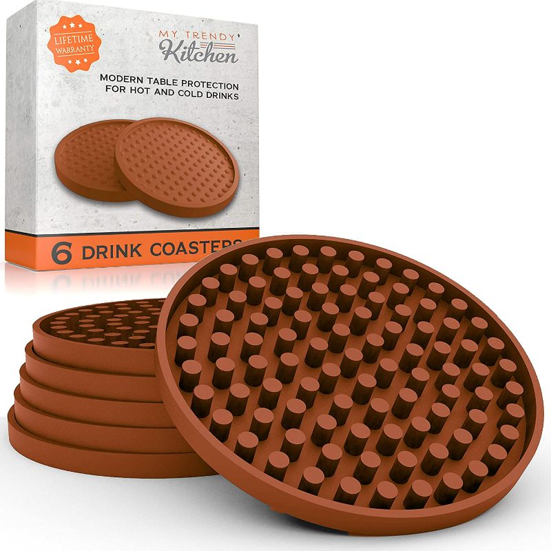 Photo 1 of Large Drink Coasters - Absorbs Moisture and Prevents Table Damage, Modern Brown Rubber Coaster with Non-Slip Bottom for Drinking Glasses, 6 Pack