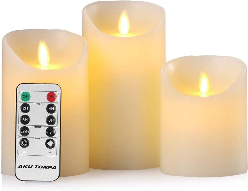 Photo 1 of AKU TONPA Flameless Candles Battery Operated Pillar Real Wax Electric LED Flickering Candle Sets with Remote Control Cycling 24 Hours Timer, 4" 5" 6" Pack of 3 (Ivory)