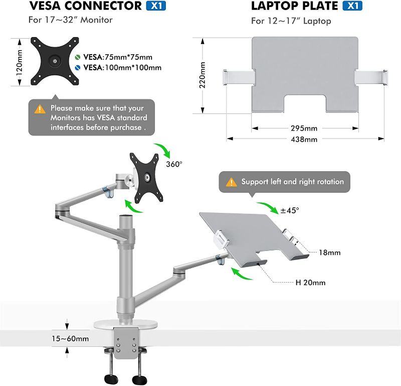 Photo 2 of viozon Monitor and Laptop Mount, 2-in-1 Adjustable Dual Arm Desk Mounts Single Desk Arm Stand/Holder for 17 to 32 Inch LCD Computer Screens, Extra Tray Fits 12 to 17 inch Laptops (Silver )