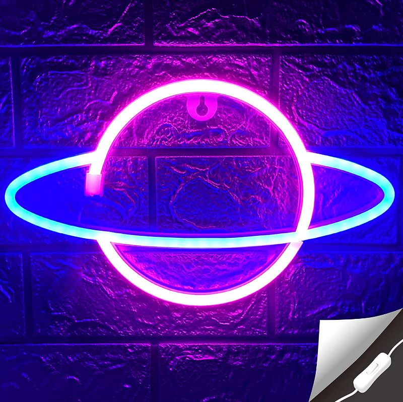 Photo 1 of  Planet Neon Sign, USB Powered Planet Light Led Neon Signs with On/Off Switch, Planet Led Sign for Wall Decor, Aesthetic Hanging Saturn Neon Light, Planet Lights for Bedroom, Gaming Room BATTERIES NOT INCLUDED 