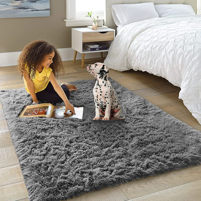 Photo 1 of Ophanie Machine Washable 3 x 5 Feet Rugs for Bedroom, Fluffy Shaggy Bedside Floor Dorm Grey Area Rug, Soft Gray Fuzzy Non-Slip Indoor Room Carpet for Kids Boys Girls Teen Home Decor Aesthetic, Nursery