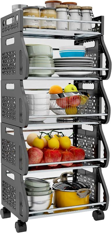 Photo 1 of Baboies 5 Tier Fruit Vegetable Basket, Stackable Storage Cart with Wheels, Utility Rolling Stand Rack for Kitchen, Pantry, Garage, Produce, Onion, Potato