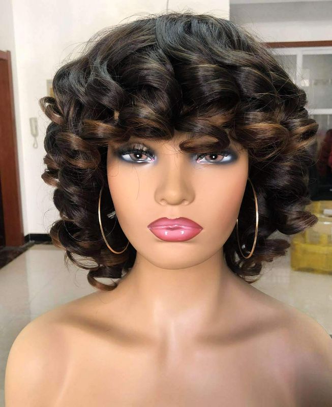 Photo 1 of ANNIVIA Short Afro Curly Wigs with Bangs for Women Kinky Curly Hair Wig 2 Tone Ombre Dark Brown Big Bouncy Fluffy Curly Wig