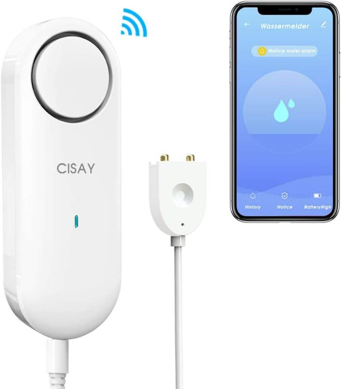 Photo 1 of  Water Leak Detector,100 dB Volume,W2 TUYA Smart APP WiFi Water Sensor Alarm,Water Monitor Alarm with Rechargeable,Remote Monitor Leak Ideal for Home Security Basement,Bath Cellar,Washer
