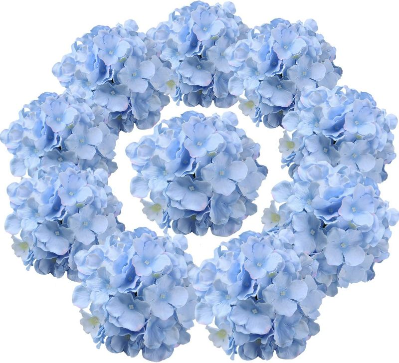 Photo 1 of Flojery Silk Hydrangea Heads Artificial Flowers Heads with Stems for Home Wedding Decor,Pack of 10 (Blue)