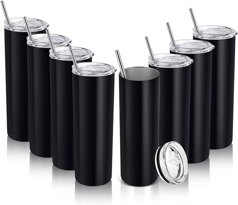 Photo 1 of 20 Oz Skinny Travel Tumblers, 8 Pack Stainless Steel Skinny Tumblers with Lid Straw, Double Wall Insulated Tumblers, Slim Water Tumbler Cup, Vacuum Tumbler Travel Mug for Coffee Water Tea, Black