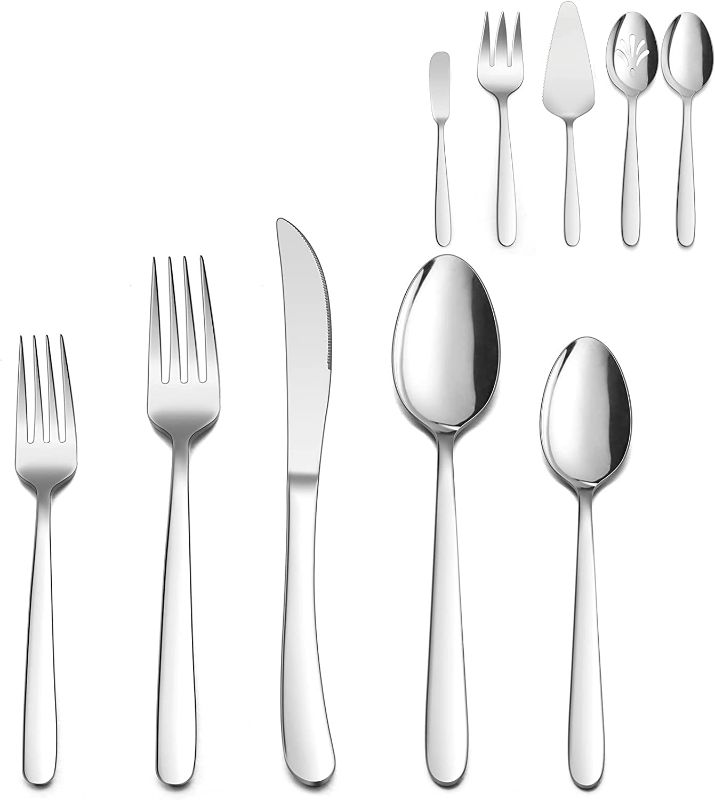 Photo 2 of Heavy Duty Silverware Set, HaWare 65 Pieces Stainless Steel Flatware Set with Serving Utensils, Heavy Weight Eating Utensils Tableware for 12, Modern Cutlery for Home, Dishwasher Safe, Mirror Polished